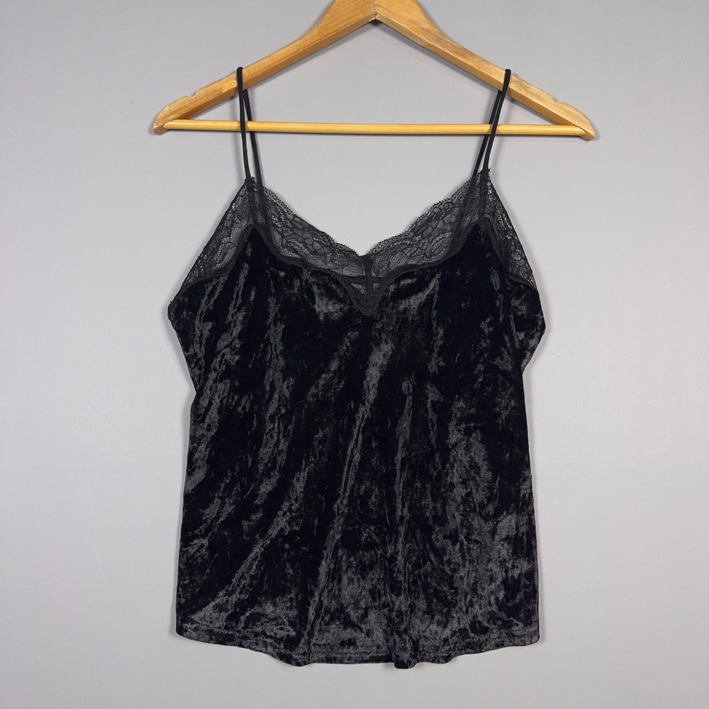 Haute‎ Monde Lace Trim Cami Top Womens Large Crushed Velvet Black Goth Y2K